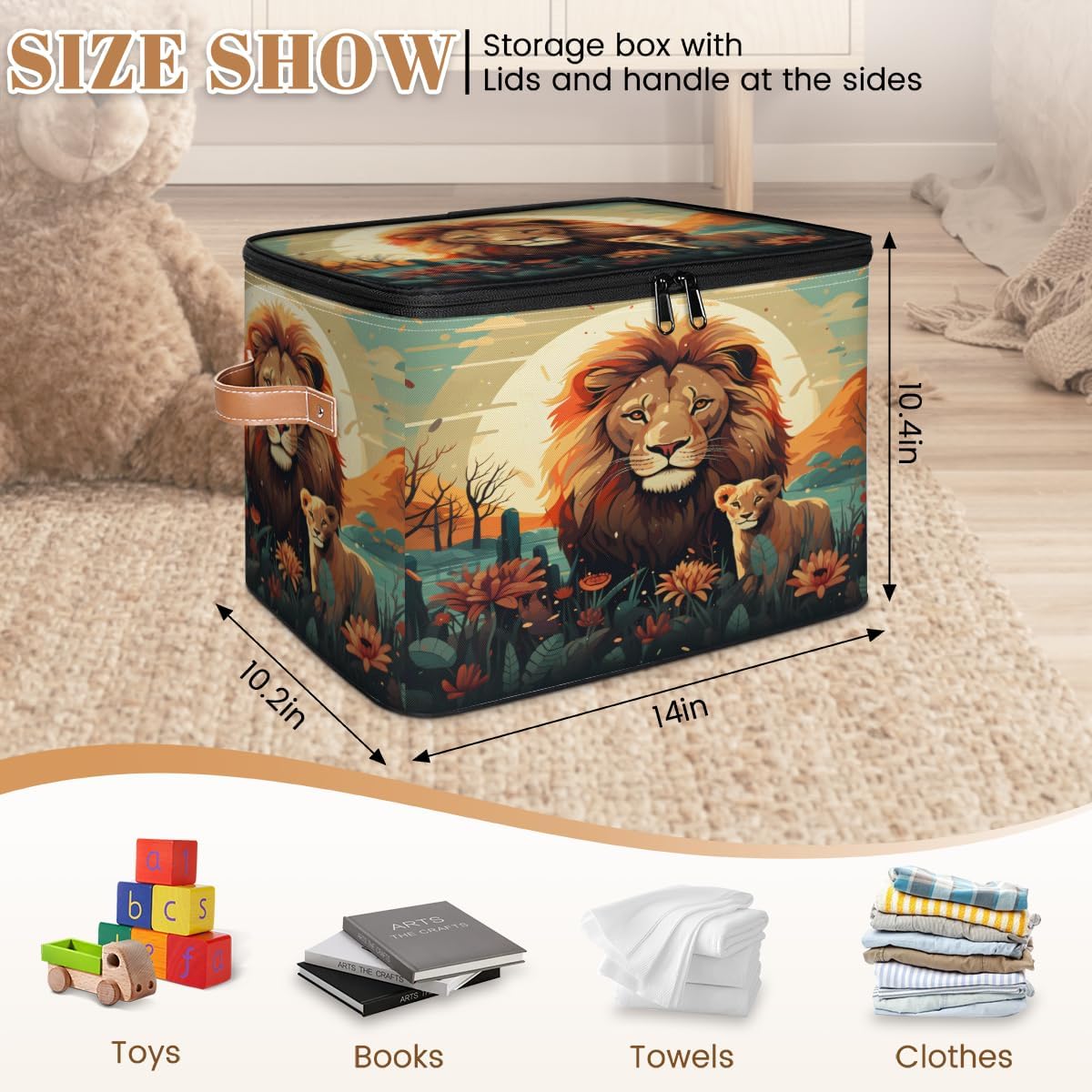 Storage Bin Set of 2 Forest Lions Storage Basket with Zipper Lid & Handle Foldable Closet Shelf 2 Pack Cloth Organizer Basket Cube Bins Clothes Organizer for Nursery, Bedroom