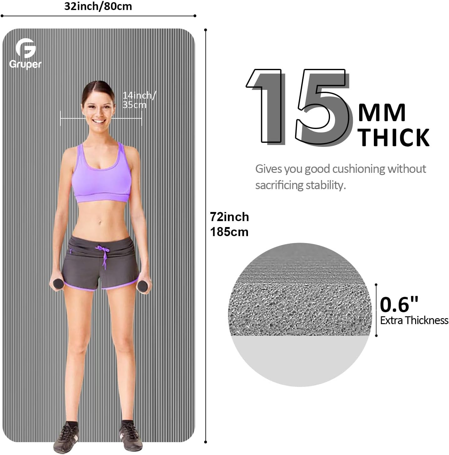 yoga mat non slip nbr extra thick yoga mat, 72"l x 32"/24"w x 0.6"/0.4"th (185cm x 80cm/61cm x 15mm/10mm), anti-tear exercise mat with carrying strap and bag, workout mats for yoga, pilates grey 72 x 32 x 0.6 inches