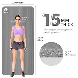Gruper Thick Yoga Mat Non Slip, Large Size 72 L x 32 W x 0.6 TH, Premium Exercise & Fitness Mat with Carrying Strap and Bag, Workout Mats for Home (Grey, 0.6 * 32 * 72 Inches)