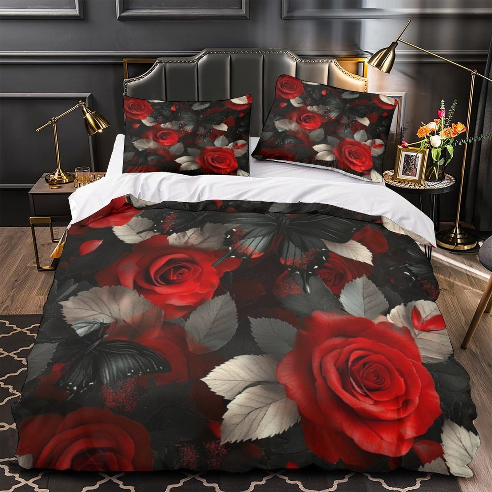 MMDASBVPE Red Roses Duvet Cover 3D Print Durable 3 Pcs Bed Linen Hidden Zipper Gothic Floral Design Comforter Cover Premium Washable for Kids Adults Women Teens Youth Girls Boys Double（200x200cm）