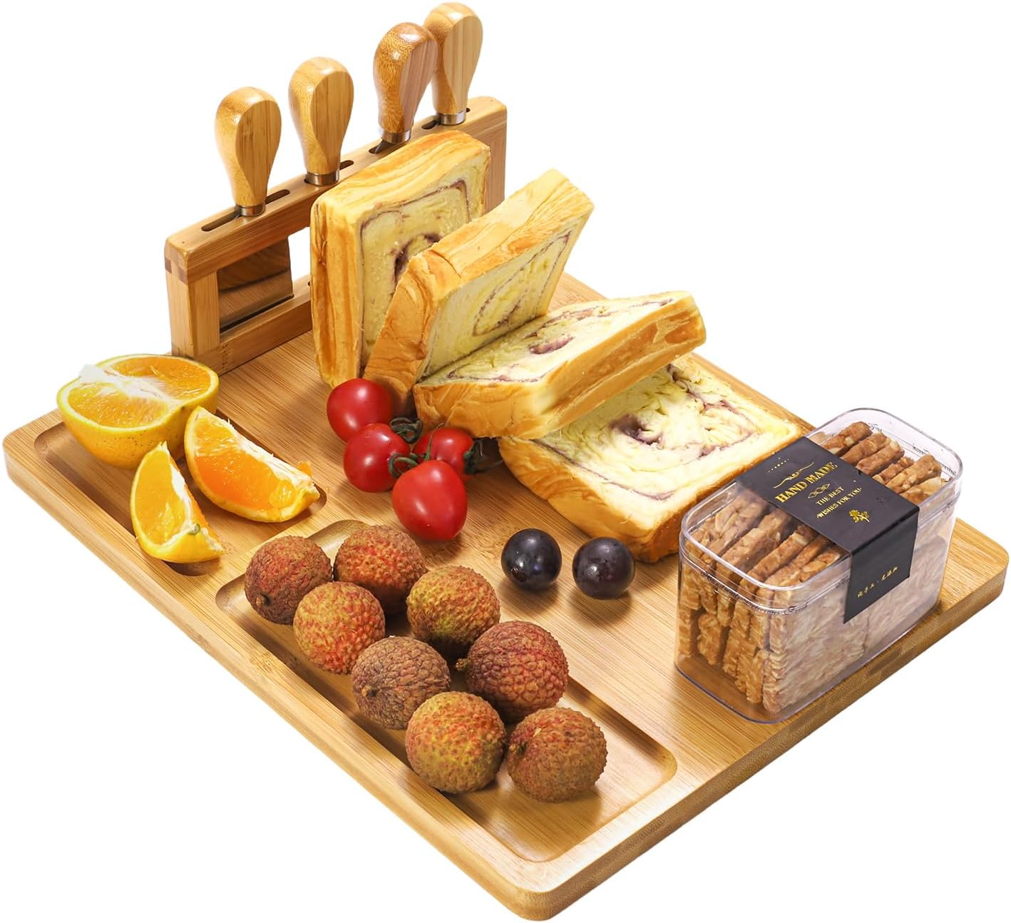 Acacia Charcuterie Board Set 14"x11" - Large Cheese Board & Knife Set, Elegant Bridal Shower Gift, Wedding Serving Tray, Rustic Charcuterie Platter with Stainless Steel Tools