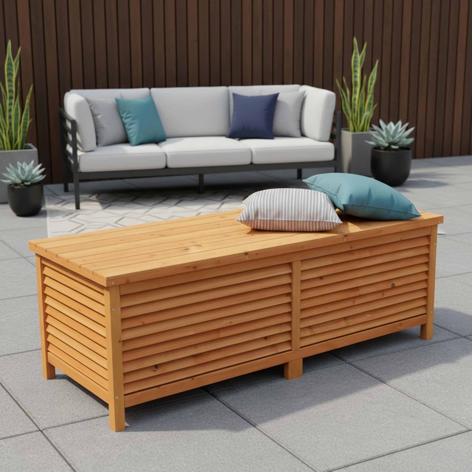 Mucola Auflagenbox Kissenbox Gartentruhe mit Deckel 140x46x52 cm Holz Braun | wetterfest und robust, Platz für Gartenpolster und Gartengeräte, aus Massivholz, individuell gestaltbar und streichbar