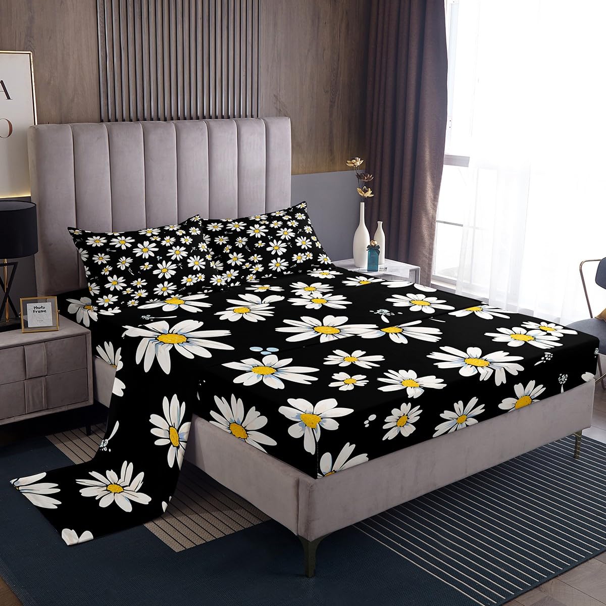 Castle Fairy Daisy Sheet Set,Kids Black White Yellow Bed Sheets Set,Daisy Flowers Bedding Set for Boys Teens Sheets Soft Room Decor Twin Size(1 Flat Sheet+1 Fitted Sheet+1 Pillowcase)