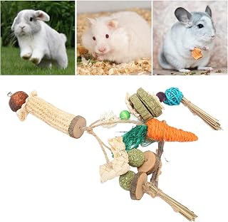 Zerodis Brinquedo de mastigar coelho, gaiola de coelhos, brinquedos para mastigar e guloseimas anel de vime com lanches para porquinhos-da-índia, chinchilas, hamsters, ratos e outros pequenos animais de estimação moagem de dentes