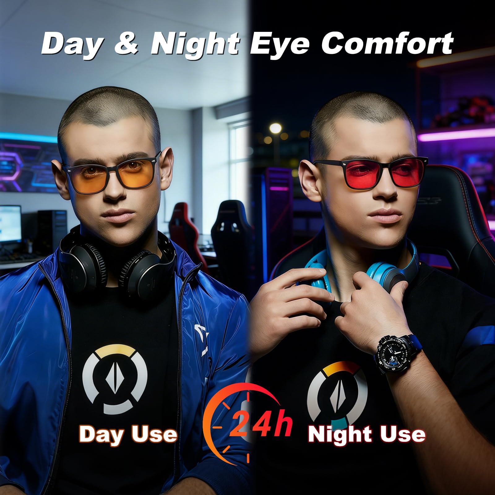 Okany Gafas Filtro Luz Azul para Gaming, Ordenador y Pantalla – Lentes Ámbar Día y Rojas Noche, Bloqueo 99% Luz Azul, Reducen Fatiga Visual