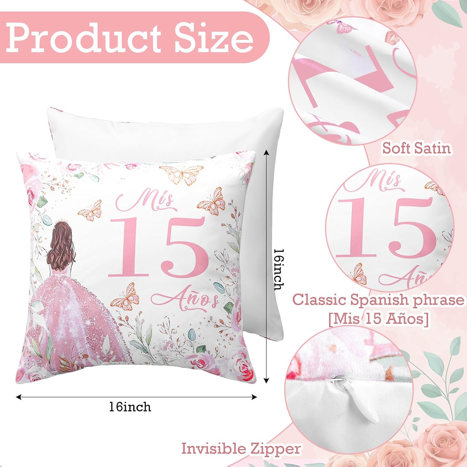 Kathfly Cojines para 15 Años De Quinceañera Decoration 16 x 16 Inche Pink Quinceañera Pillow Gifts Mis Xv Años Throw Pillow Sweet for Daughter Sister Friend 15th Birthday Gifts