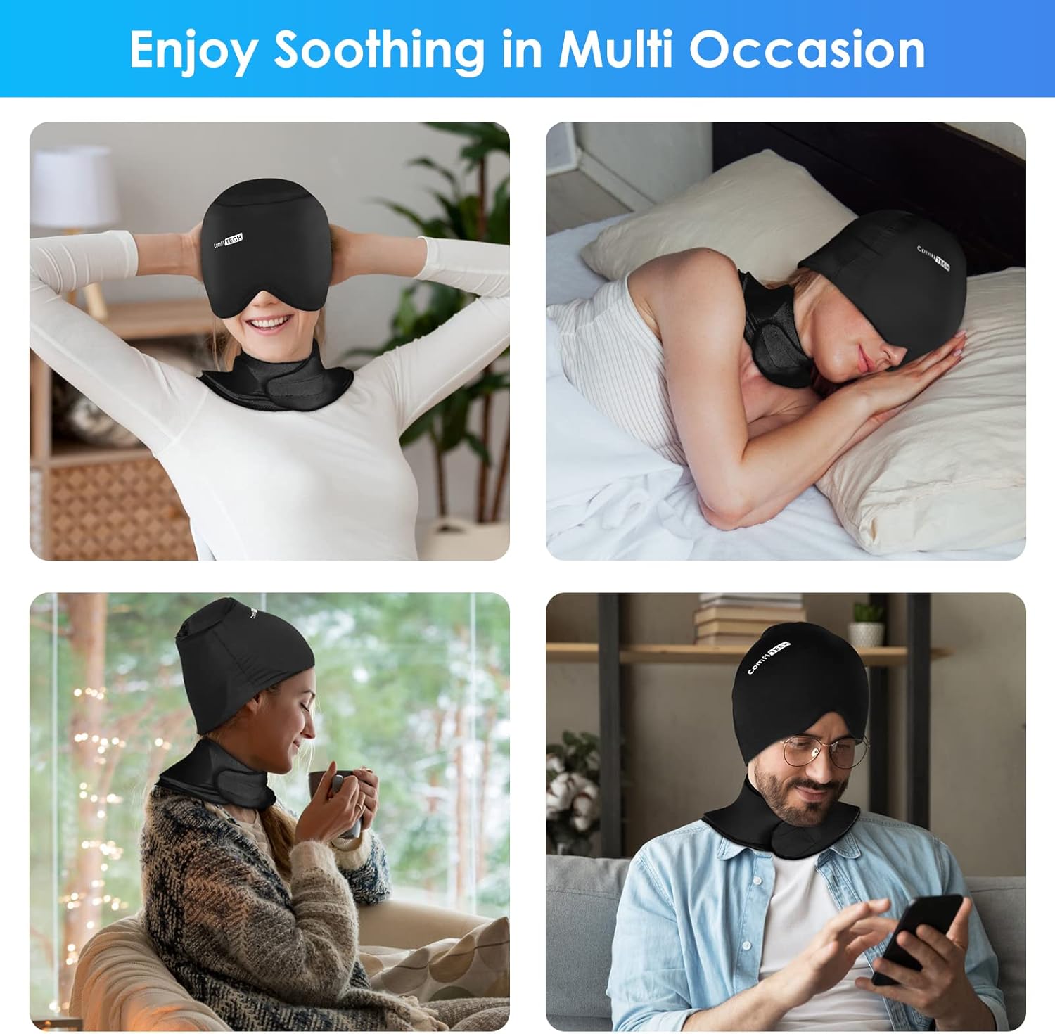 ComfiTECH Cold Cap with Top Coverage & Neck Ice Pack Wrap, Head & Cervical Cold Gel Sleeve Care Package, Black