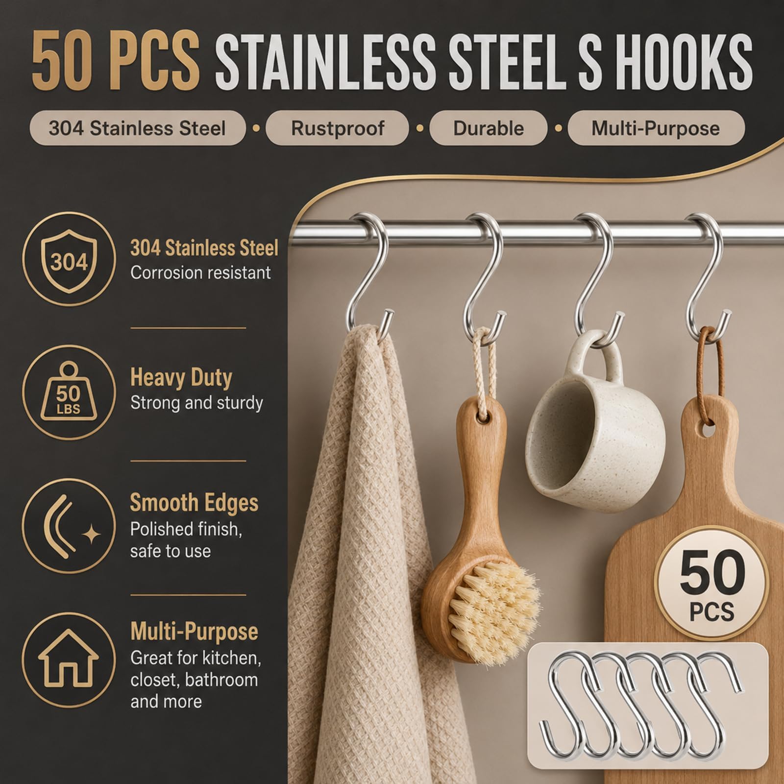 Heavy Duty Stainless Steel S Hooks - 50 Pack -5