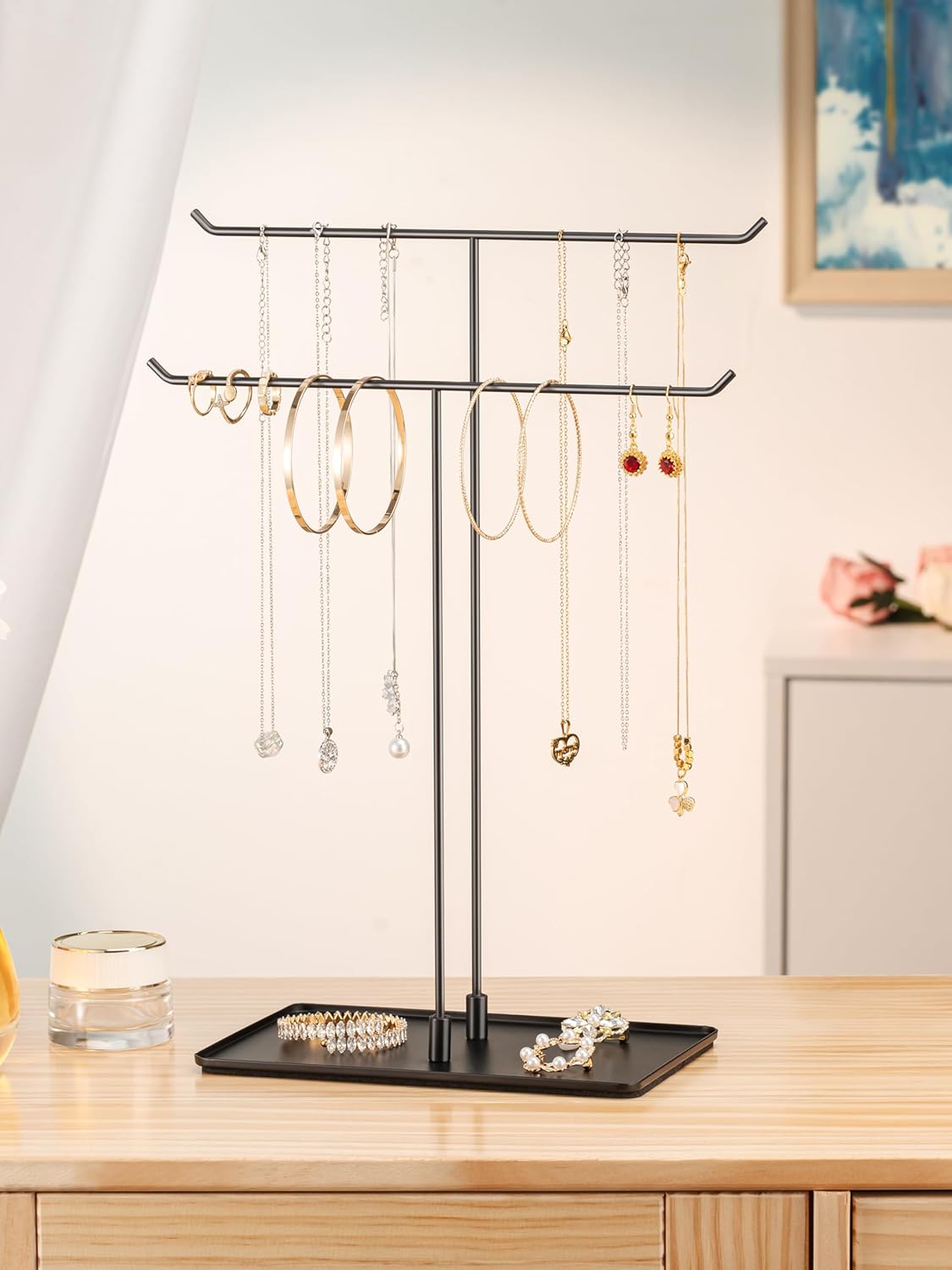 Jewelry Stand Necklace Holder Organizer: Black Necklace Organizer Stand for Girls, Jewelry Hanging Display Holder for Women, Bracelet Holding Rack As Gift, Black - Image 5