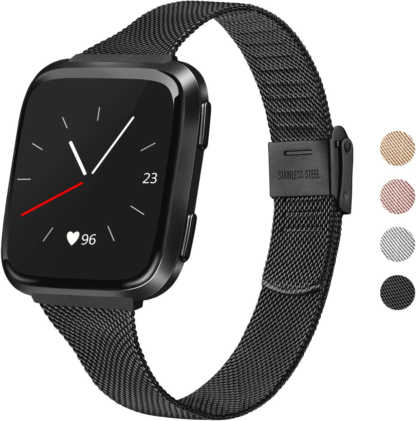 Meliya Metal Slim Bands Compatible for Fitbit Versa 2 / Fitbit Versa/Fitbit Versa Lite, Stainless Steel Metal Clasp Thin Replacement Bands for Women Men (for 6.7"-8.7" Wrists, Black)