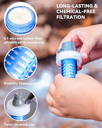 Miniatura 5 de Botella de filtro de agua plegable de 1.0 L, sin BPA, ultraligera y duradera, con cartucho de tapa de filtro de 1.654 in, botella de agua filtrada