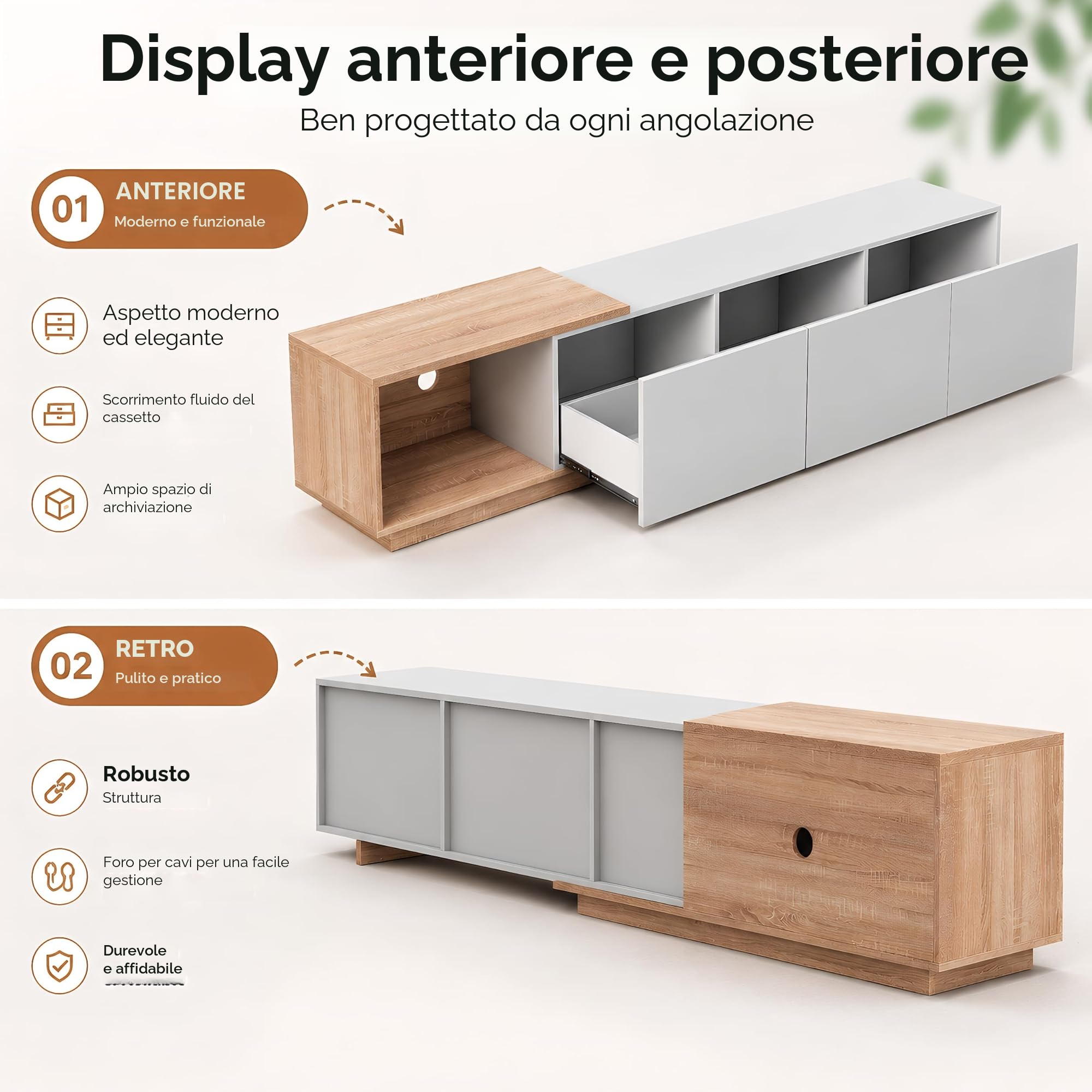 BRILVERDE Credenza TV Regolabile Moderna 163-240 cm, Bianco con Luci LED, 3 Cassetti - Mobile Soggiorno a Bassa Altezza, Finitura Lucida Effetto Legn (Bianco)