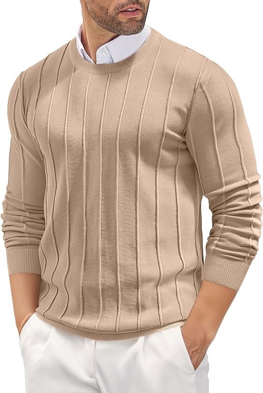 Men's Crew Neck Sweater Long Sleeve Casual Knit Dress Sweaters | Fahion Ribbed Texture, Slim Fit Pullover Shirt, Fall Clothing for Business Work,Daily