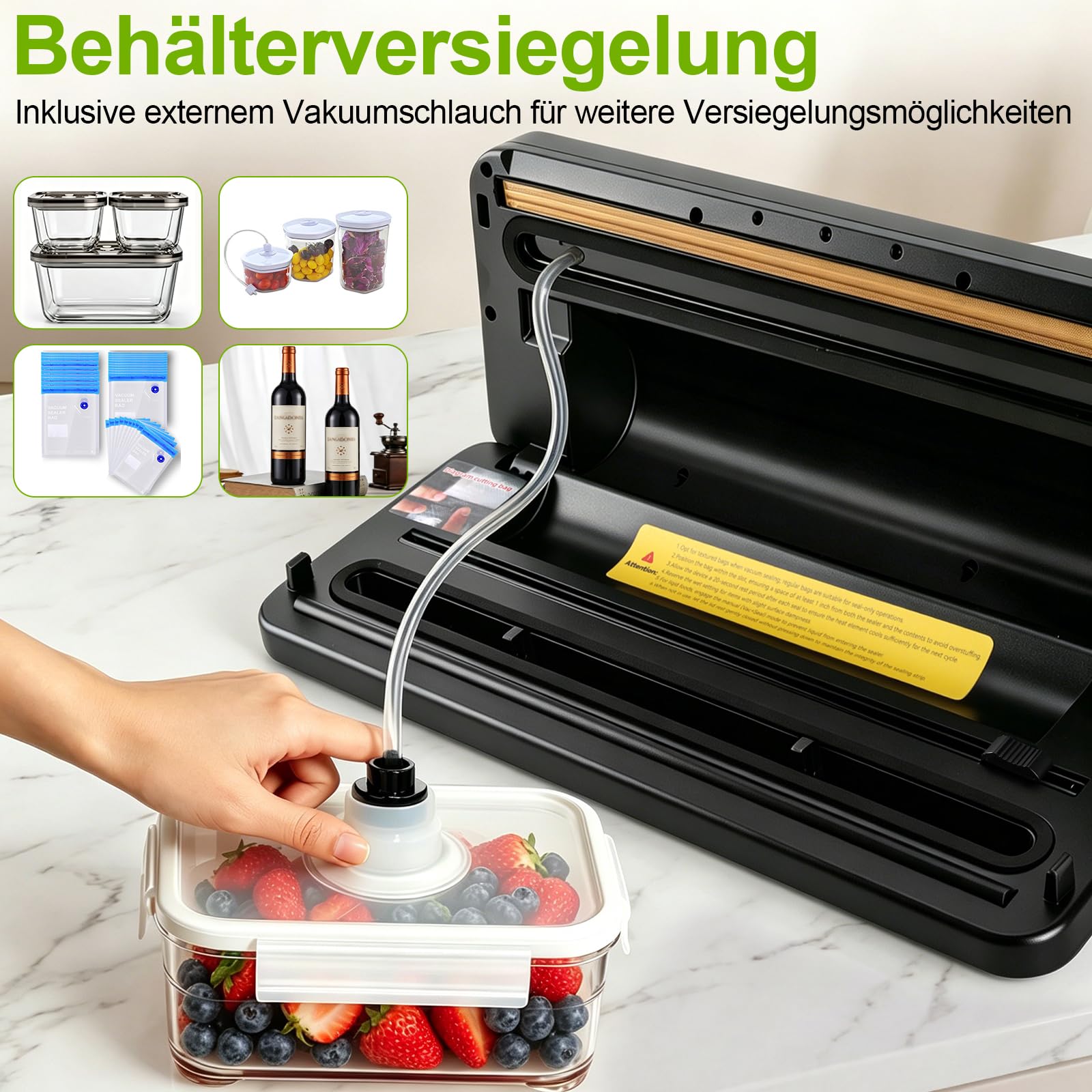 Vakuumiergerät für Lebensmittel, Automatisch Trocken- / Feucht Vakuumierer, Vacuum Sealer Machine mit Eingebautem Cutter, 20 Vakuumierbeutel, 1 Rollbeutel & Vakuumschlauch