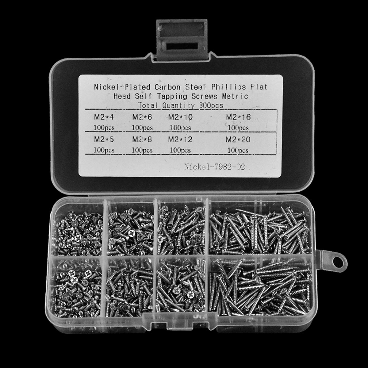 800 Viti Autofilettanti M2 Testa Piatta - Assortimento 8 Misure Da 4 A 20mm Per Legno E Metallo