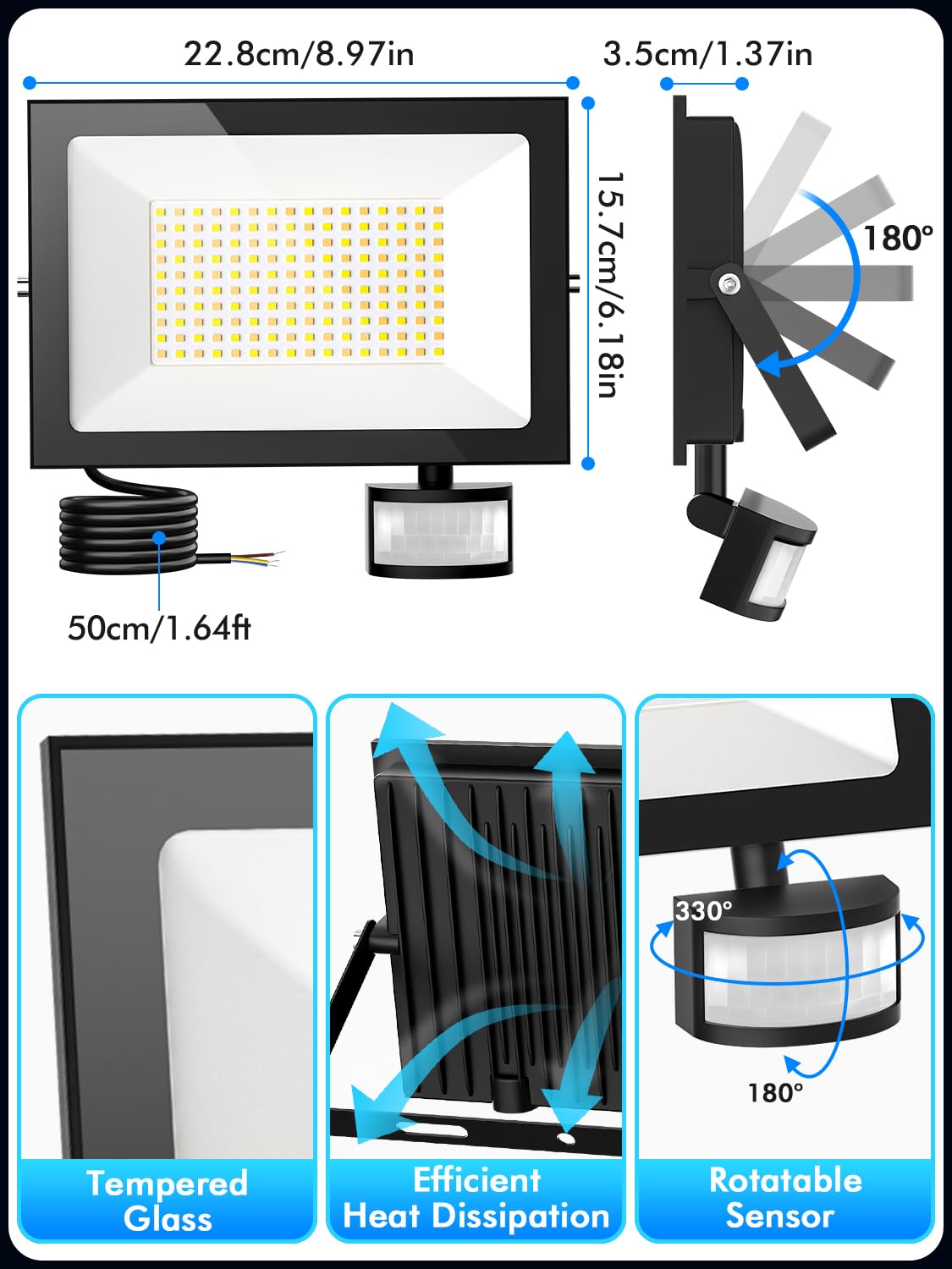 150W Foco LED Exterior con Sensor Movimiento,3000K/4500K/6500K Focos con Control Remoto,10000LM Proyector LED,IP66 Impermeable Luz Exterior para Jardín Garaje Patio Terraza