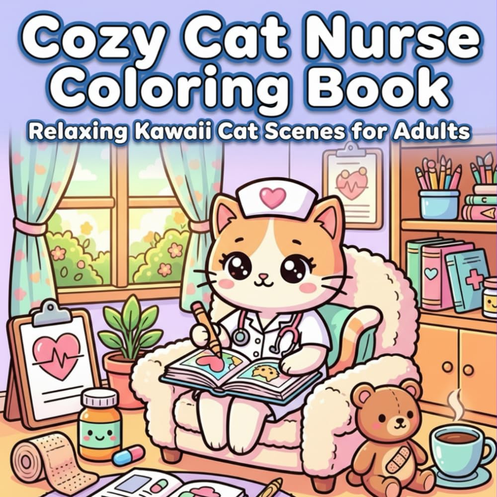 Cozy Cat Nurse Coloring Book: Relaxing Kawaii Cat Scenes for Adults: Charming Cat Illustrations for Medical Staff for Stress Relief and Creativity