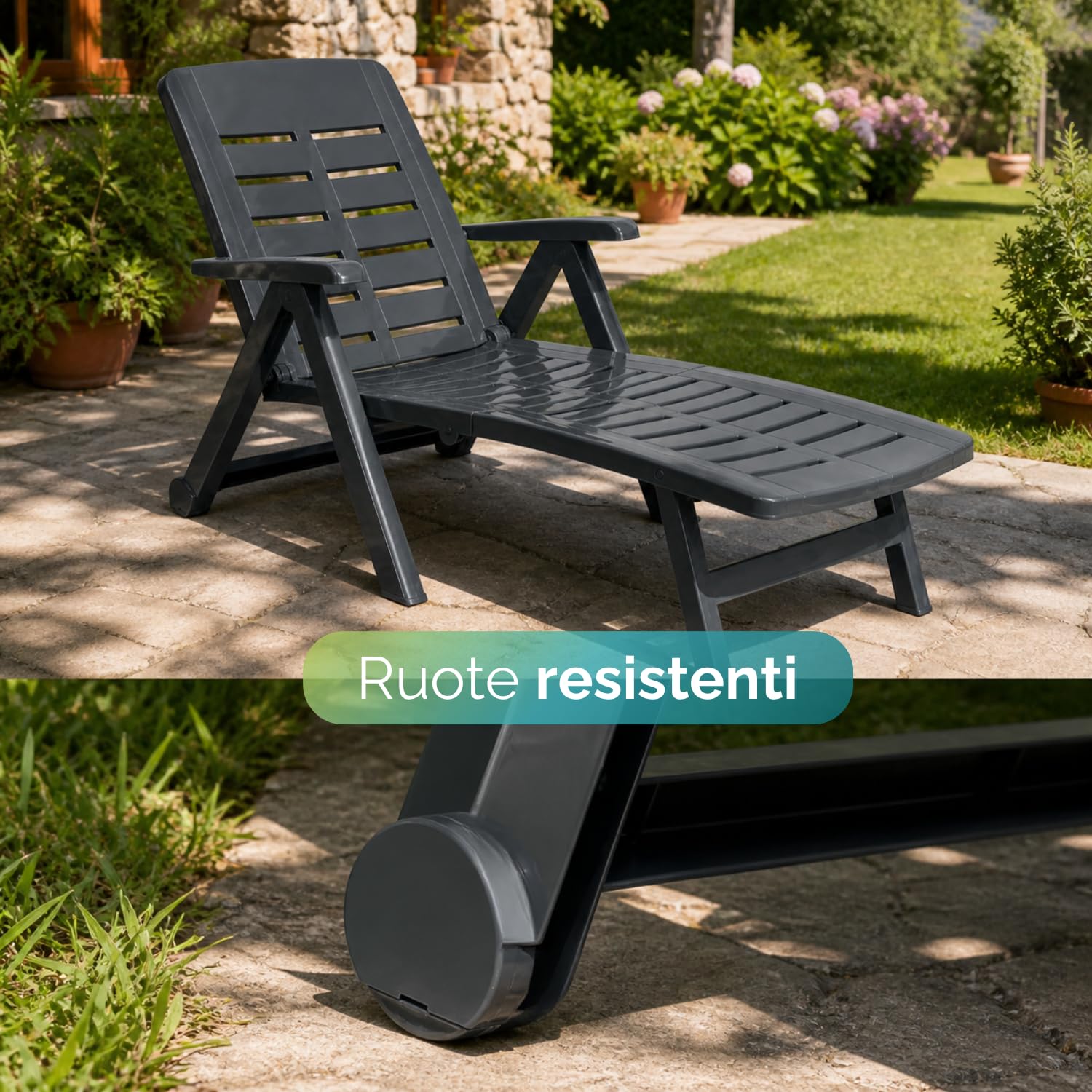 PALUPLUS 2 Lettini Prendisole Pieghevoli in Plastica Antracite, misura 189x72x96 cm, Schienale Regolabile, 2 Ruote, Letto da Esterno per Giardino, Spiaggia, Piscina, Made Italy -SME007F