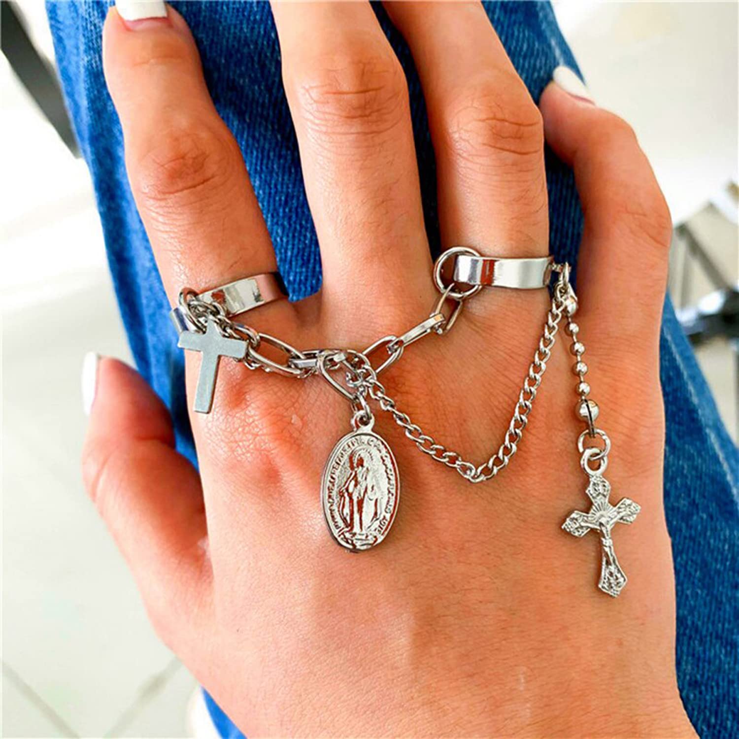 Plated Toned Cross Chain Ring Set