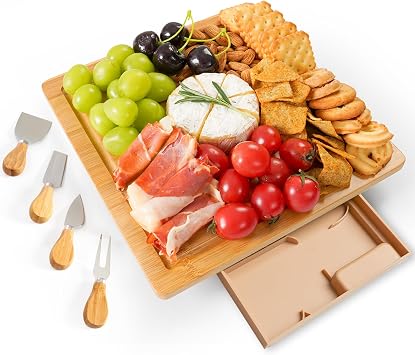 Charcuterie Boards Cheese Board Set, Small Charcuterie Board Bamboo Cheese Board with Slide-Out Drawer, House Warming Gifts New Home, Wedding Gifts for Couple, Bridal Shower Gift
