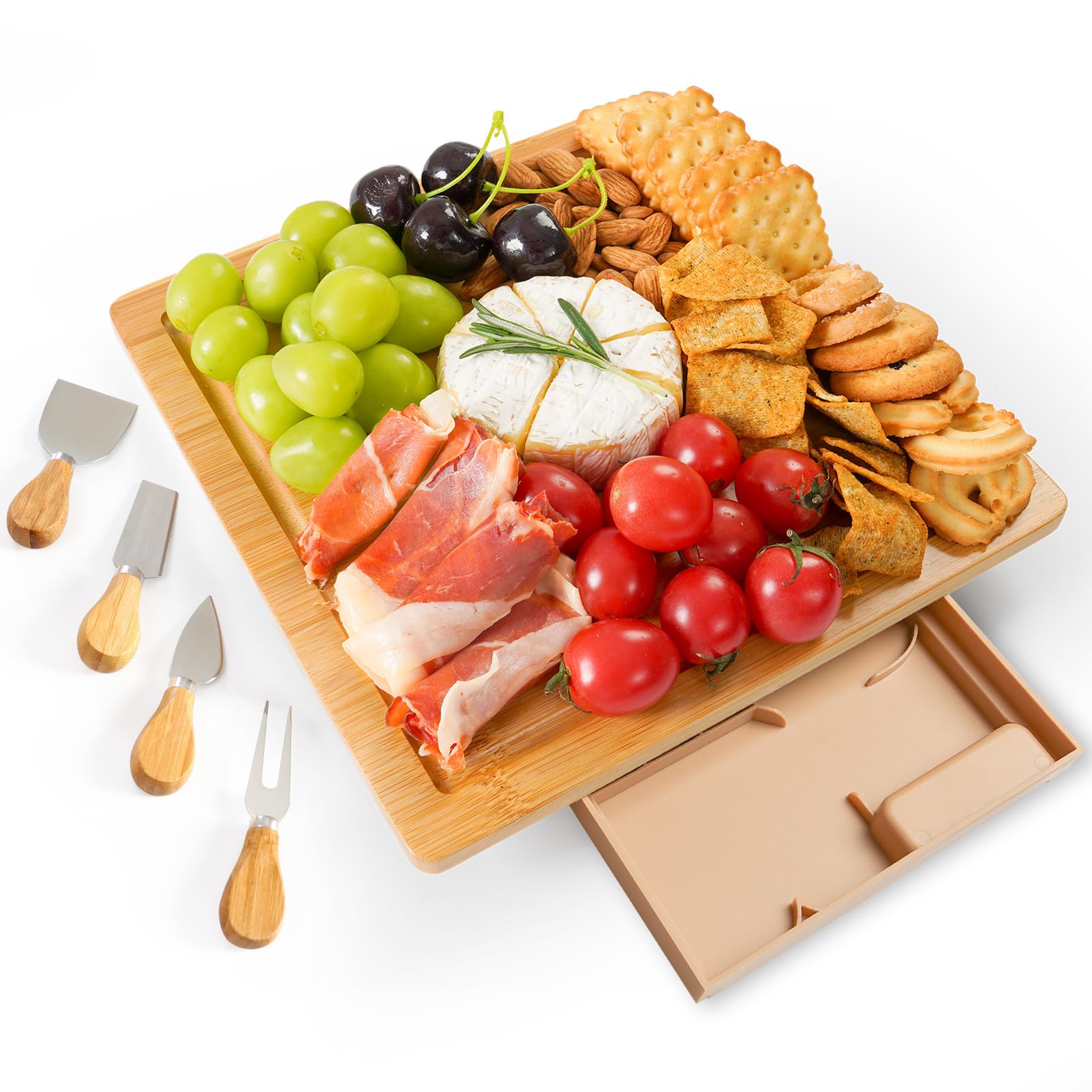 Yibidys Charcuterie Board Set with Slide-Out Drawer - Small Bamboo Cheese Board for Housewarming, Wedding, Bridal Shower Gifts
