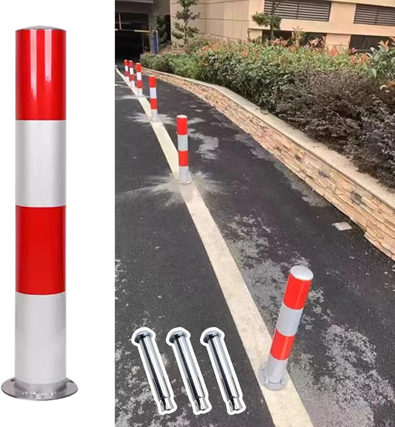 Traffic Delineator Post Channelizer Cone Safety Bollards Post with Anchor Bolts,Driveway Security Parking Barrier Bollards,Galvanized Safety Pipe Traffic Warning Column for Driving Training