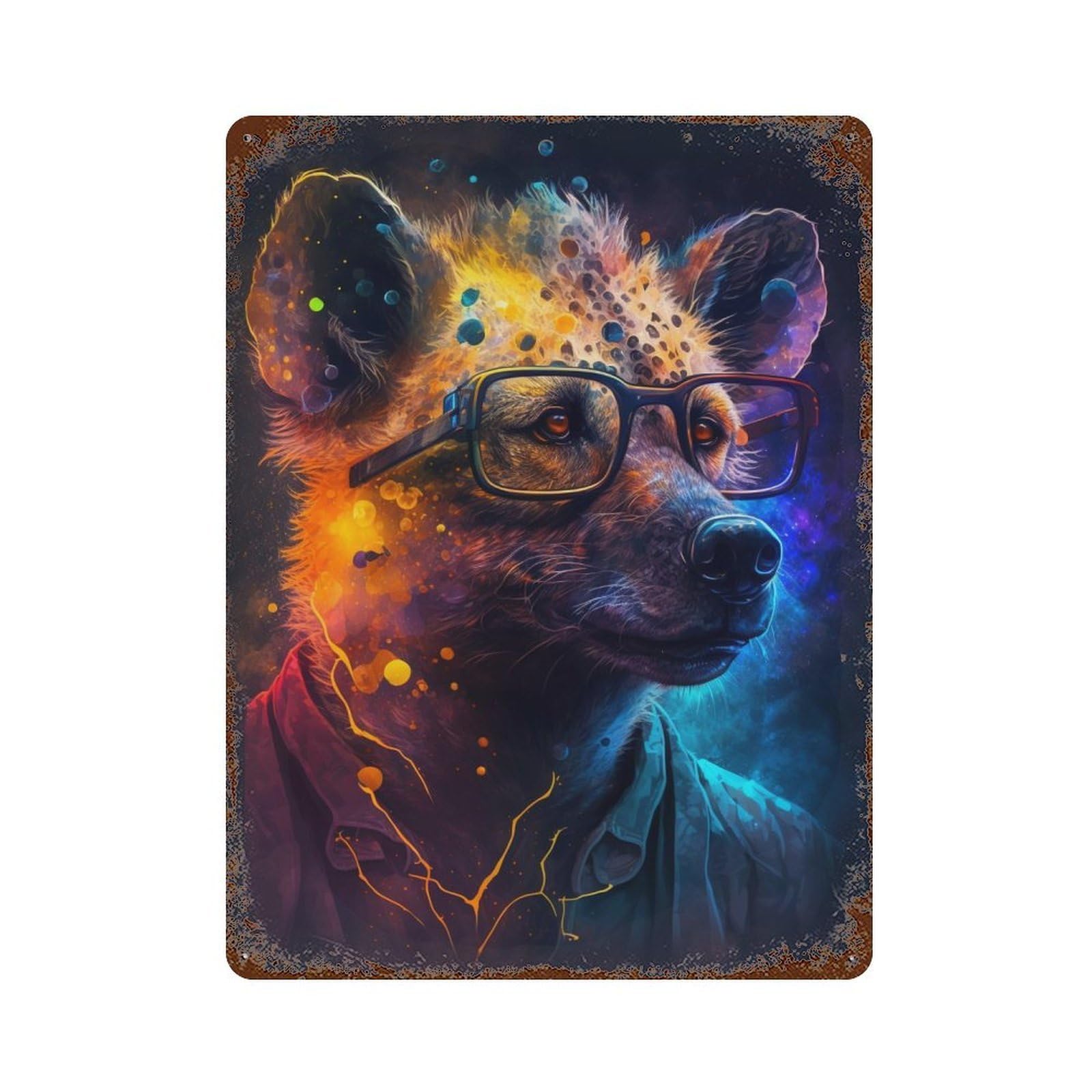 Colorful Hyena with Glasses Art Print Rust Effect Tin Sign 15.7"x11.8", Industrial Home Decor for Garage, Pub Or Kitchen