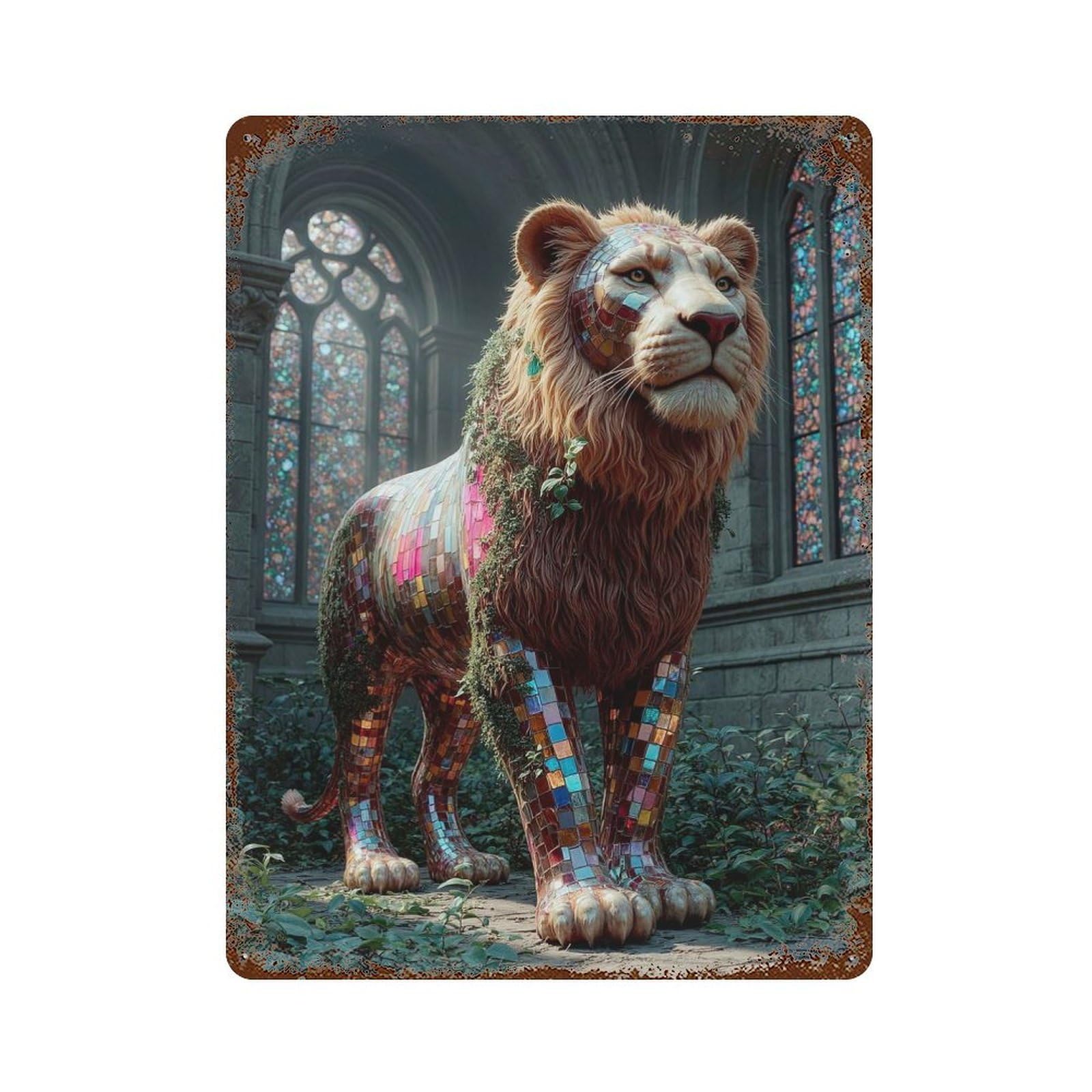 Mosaic Lion Statue in Garden Setting Distressed Metal Wall Sign 15.7"x11.8", for Farmhouse, Kitchen And Entryway Decor, Rustic Home Decor