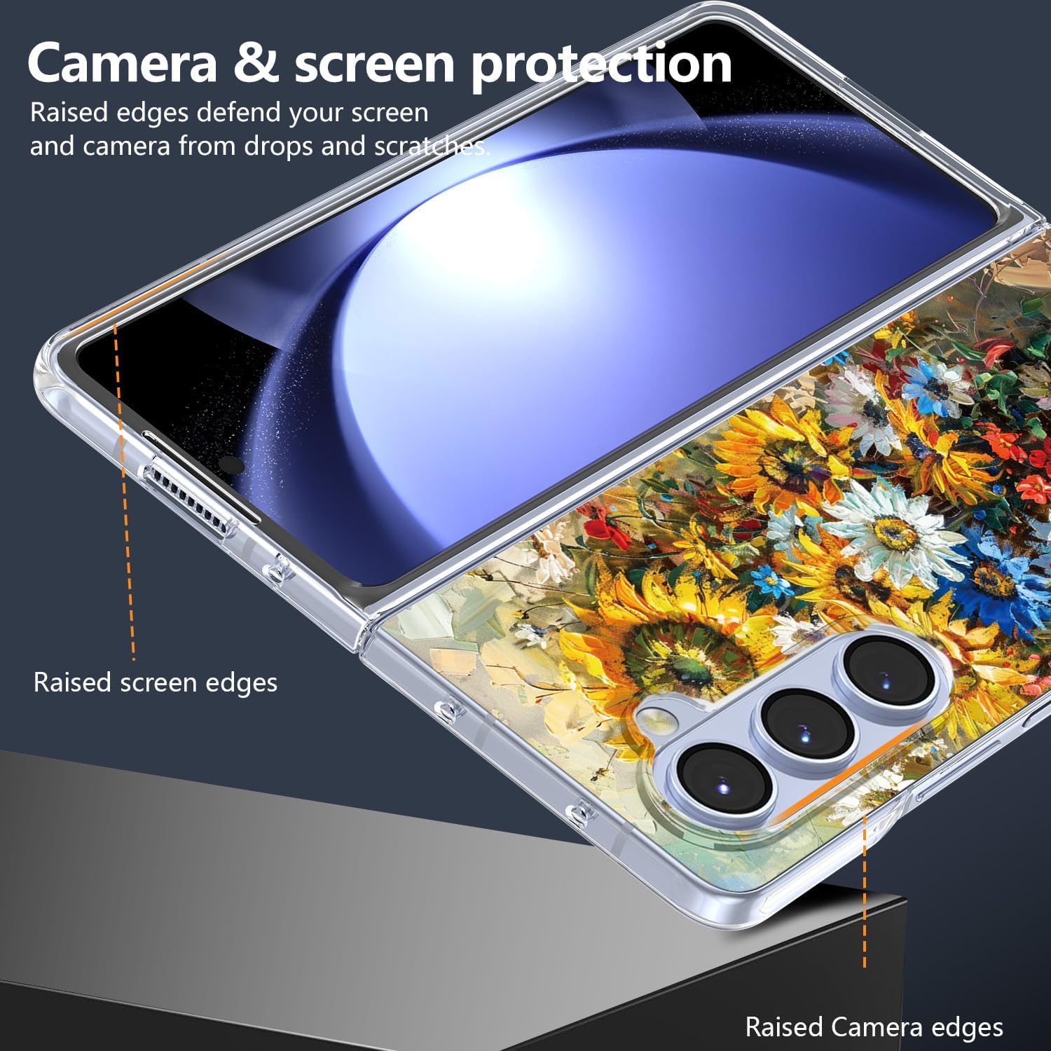 Magnetic for Galaxy Z Fold 4 Case, Clear Case with Flowers, Slim Anti-Yellow Hard PC Protective Soft TPU Bumper Cute Case for Samsung Galaxy Z Fold 4, Sunflower(10-86)