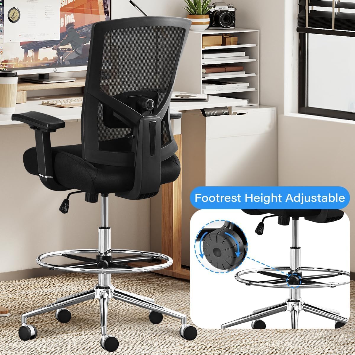 Drafting Chair Tall Office Chair for Standing Desk 500 LBS Heavy Duty with 21" Wide Seat Ergonomic Adjustable Lumbar Support Pressure Locking Casters Footrest Counter Height Black