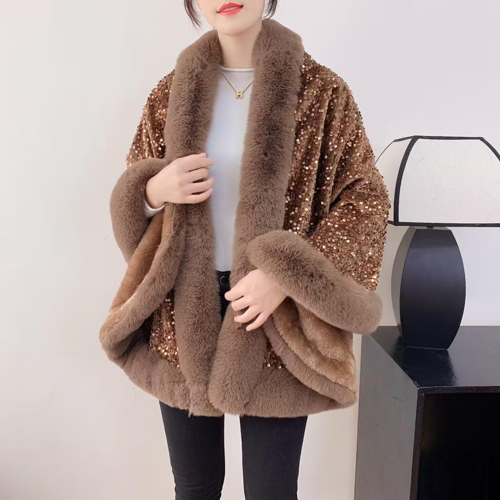 Châle en fausse fourrure à paillettes pour femme, élégante cape poncho ouverte sur le devant, châles et étoles pour robes de soirée