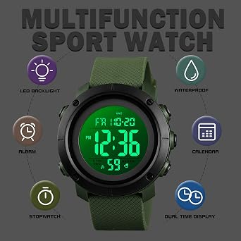 Men's Digital Sports Watch Stopwatch Alarm Waterproof Wrist Watches for Men LED Tactical Dual Time Zone Display Electronic Outdoor Watch
