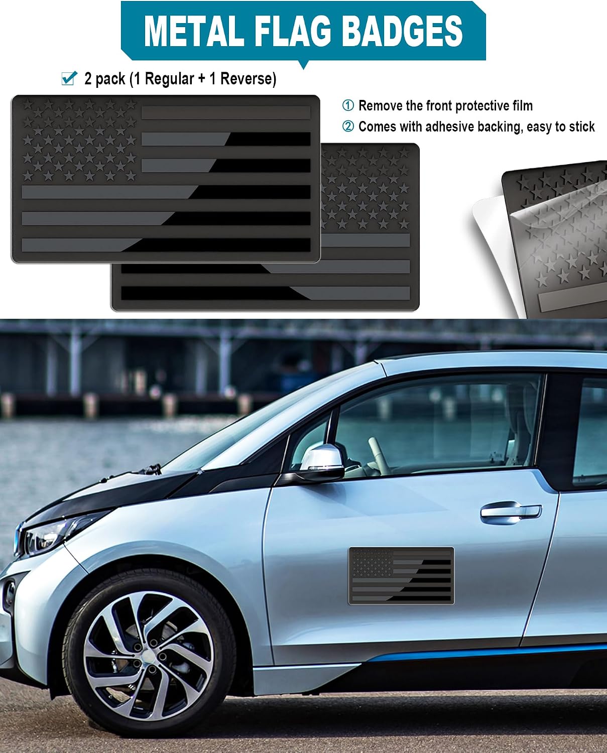American Flag License Plate for Front Bumper, Black Aluminum Car Tag Frame Cover with 3D Embossed USA Flag Pattern, with Screws, Metal Decals