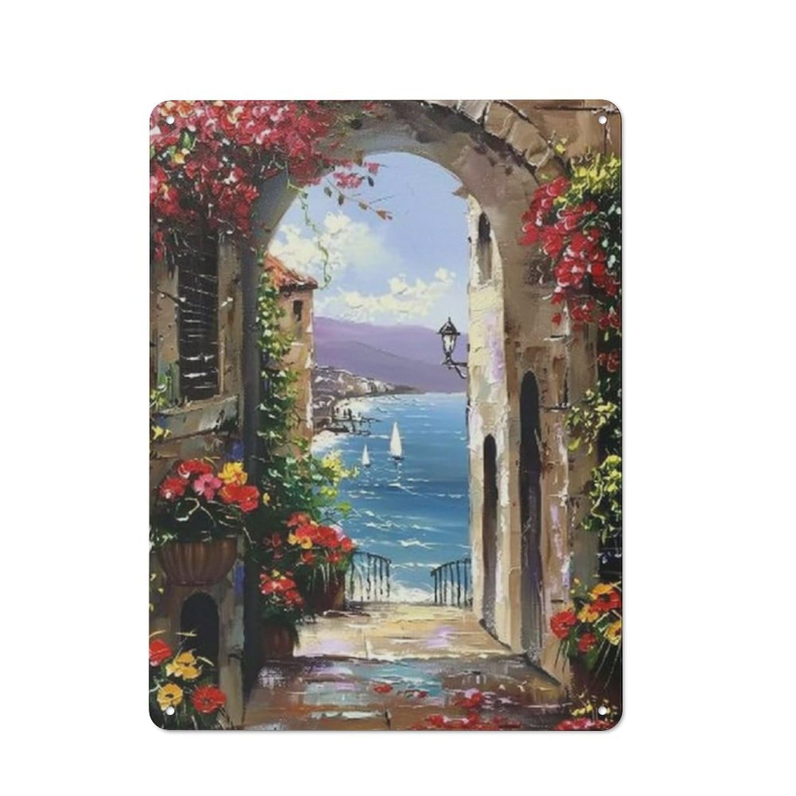 ACDOET Rustic Metal Tin Sign Painted Wall Art Italy Town Mediterranean Tuscany Sea Coast Flowers Oil Painting Landscape Scenery Wall Decor 12x16 Inch