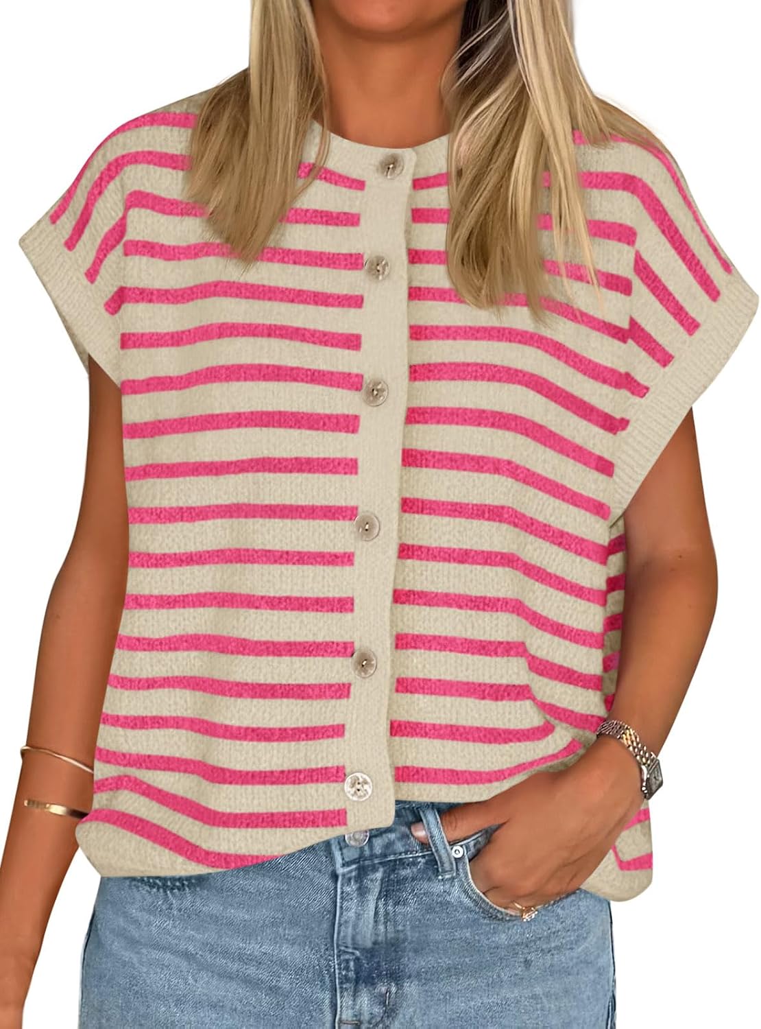 Cicy Bell Womens Striped Cap Sleeve Sweater Vest Crew Neck Button Down Cardigan Cute Knit Tops