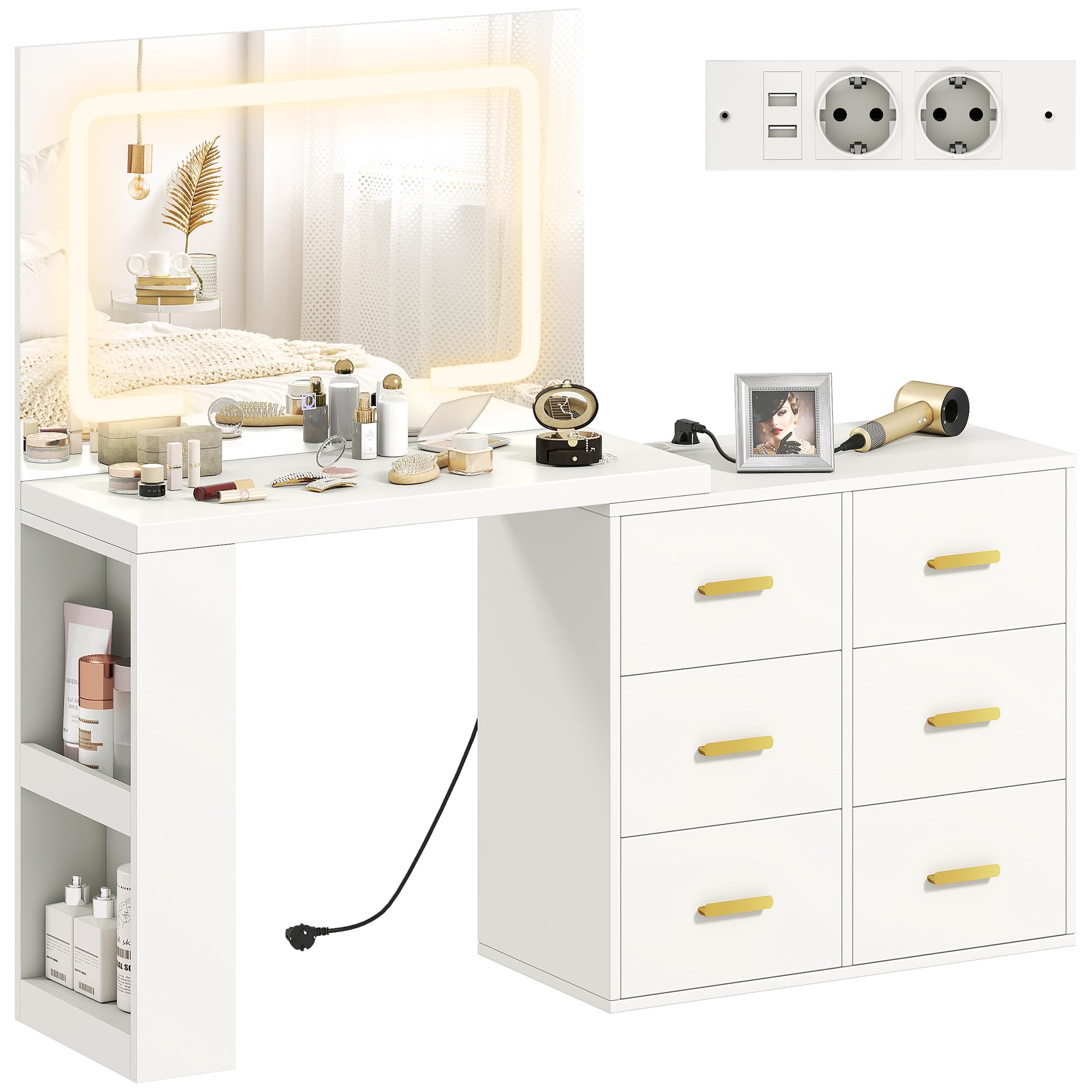HOMCOM Postazione Trucco con Luci LED 3 Colori a L o Affiancata Bianco | Luminosità Regolabile, Toeletta Trucco, Prese Elettriche, Cassetti Soft Close, Ripiani, Specchio, per Camera da Letto