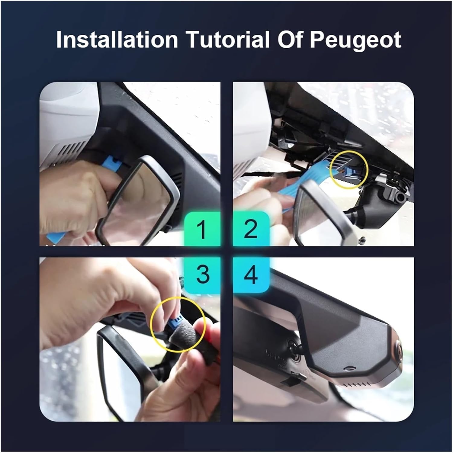 Four-panel image illustrating the step-by-step installation process for the Fitcamx dash cam in a Peugeot, showing how to remove the original cover and connect the new unit.