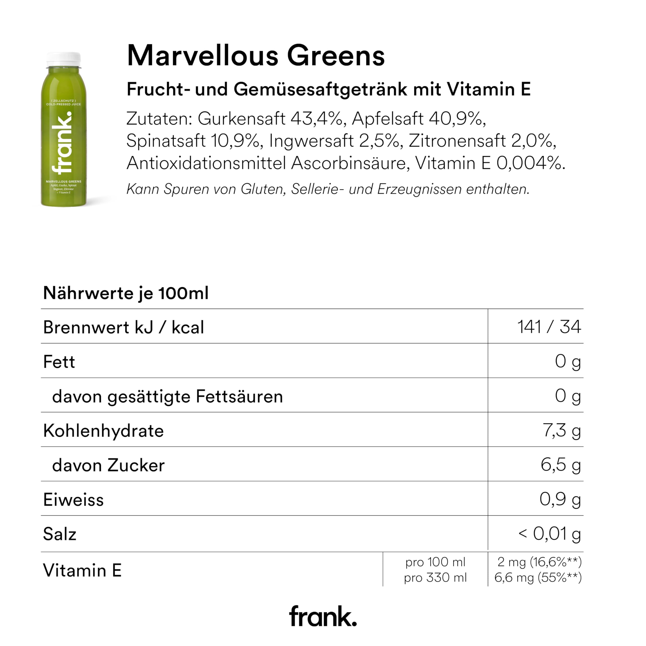 FRANK JUICE MARVELLOUS GREENS – kaltgepresster veganer Saft | 12 x 330 ml | Aus Fruchtsäfte & Gemüsesäfte mit Apfel, Gurke, Spinat, Ingwer und Zitrone, inkl. EINWEG-PFAND 3€