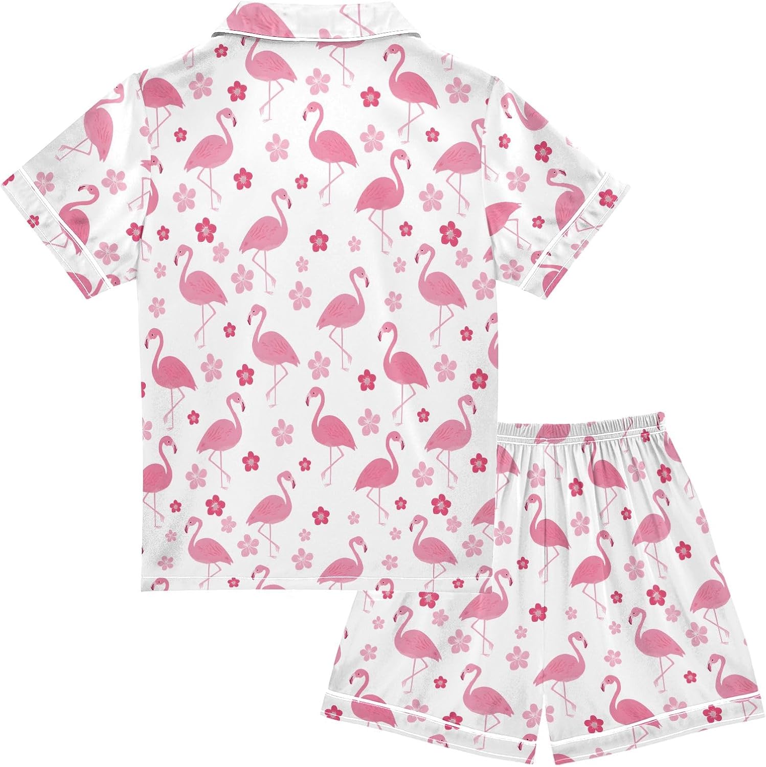 Kids Satin Wear Set Pink Flamingos and Flowers on Pattern Relaxing Clothing Short Sleeve and Shorts
