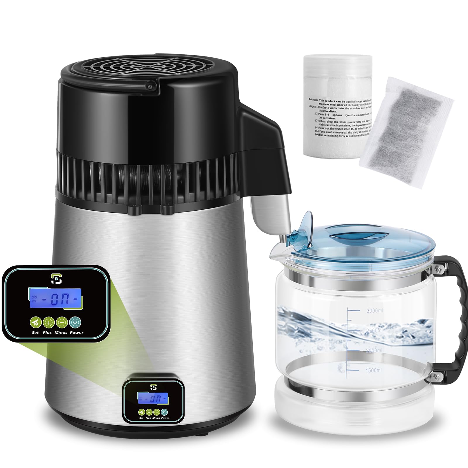 Distillateur D'eau 4L Distillateur D'eau En Inoxydable 750w Machine À Distiller L'eau Intérieur En Inox Alimentaire Récipient En Verre Pour Purification D’Eau Du Robinet Maison Clinique