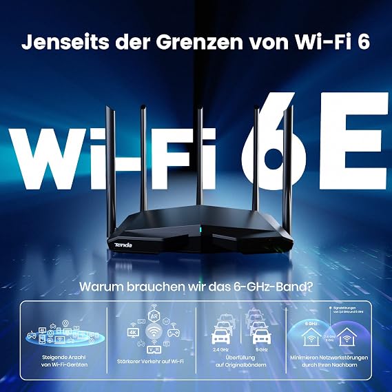 Tenda RX27 Pro WiFi 6E WLAN Router (AX5700 Tri-Band 6GHz: 2402Mbps + 5GHz: 2402Mbps + 2.4GHz:861Mbps) 5 x 6dBi Antennas Gigabit Port MU-MIMO VPN IPv6 WPA3 WiFi+ Mesh for AR/VR/4K/8K Video Black