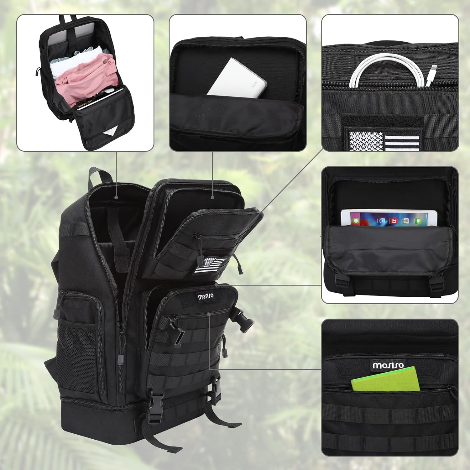 MOSISO 23L Tactical Backpack with Bottom Insulated Cooler, Military Daypack 3 Day Assault Pack Army Rucksack Bug Out Bag with USA Flag Patch for Men Women Sport Outdoor Hiking Camping Training, Black