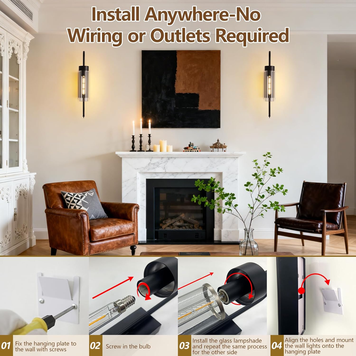 Battery Operated Wall Sconces Set of 2, 19" Dimmable Timer Remote Black Rechargeable Wireless Modern Wall Lights with Clear Glass, Wall Decor Fixtures for Bathroom Living Room Bedroom Hallway
