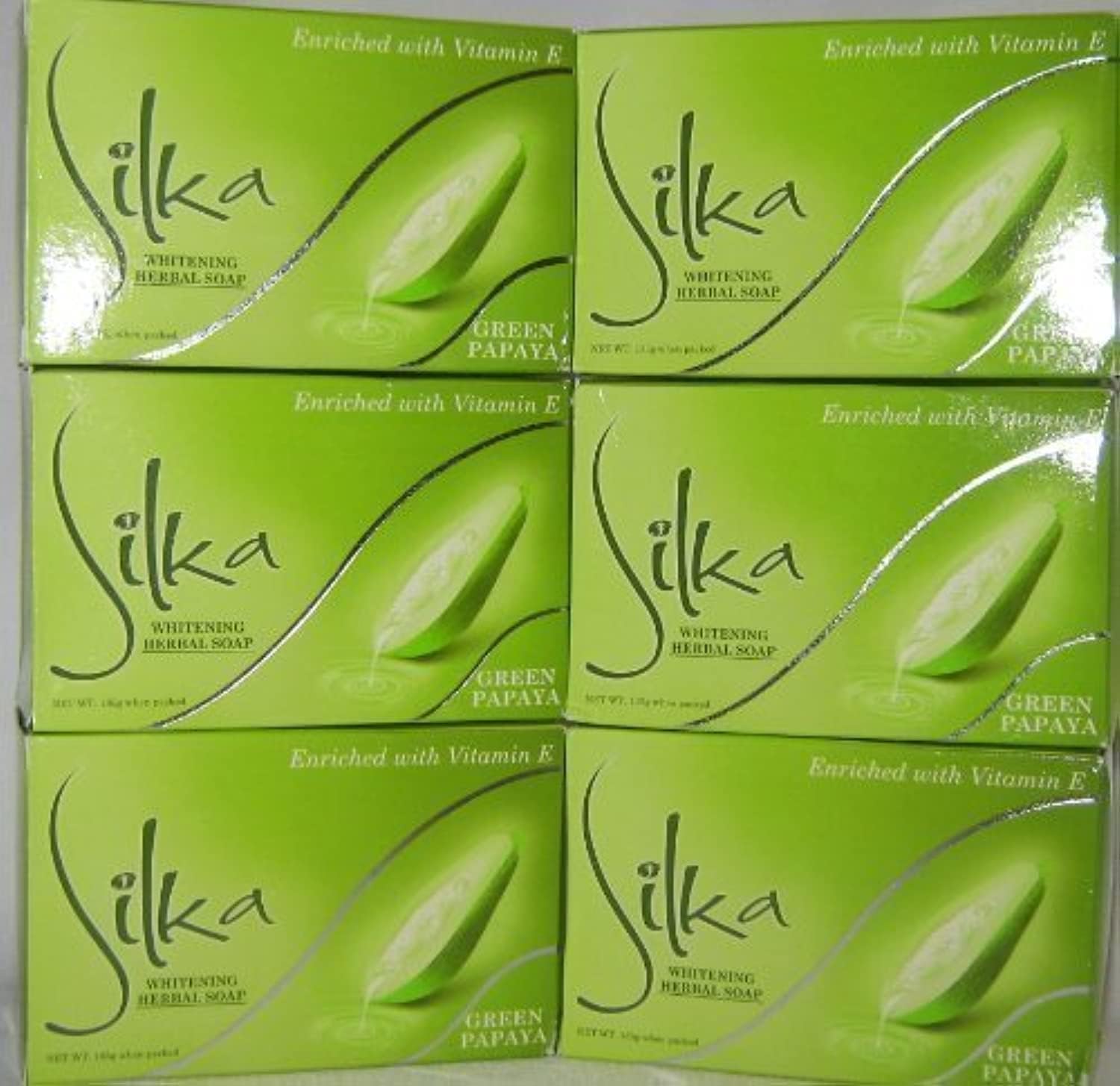 Silka Six (6) Six Green Papaya Whitening Herbal Soap Enriched with Vitamin E, 135g