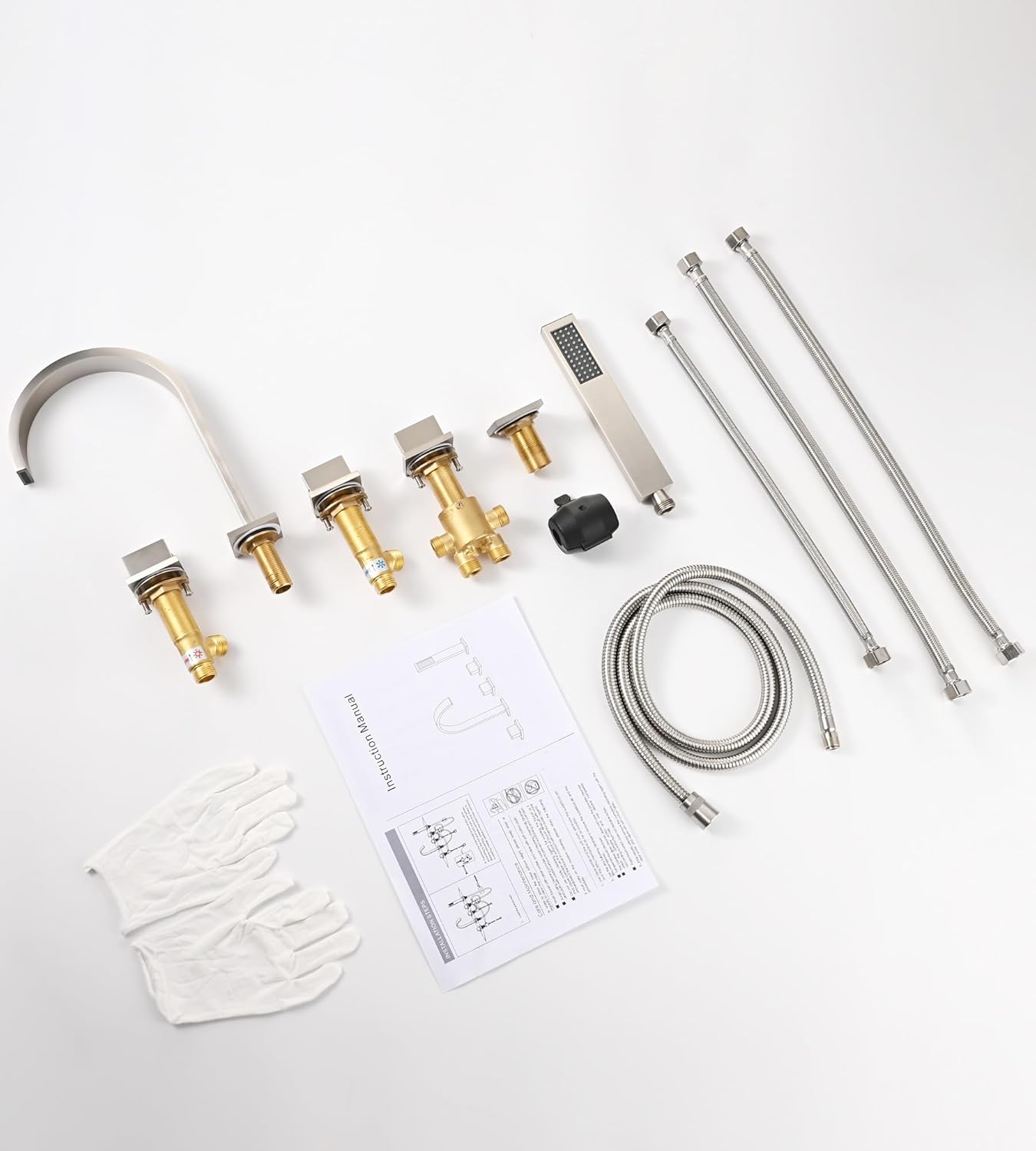 Roman Bathtub Faucet Set with Handheld Sprayer and Rough-in Valve Widespread Deck Mount 5 Hole Classic High Arch Tub Faucets Trim Kit 3 Handle with Diverter Lever Bath Tub Filler (Brushed nickel)