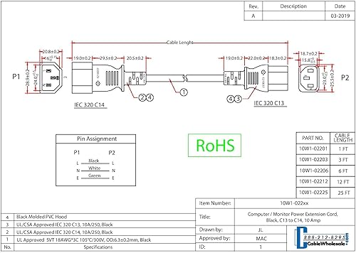 Miniatura 6 de Cable de extensión de alimentación para computadoramonitor de 3 pies, hembra C13 a conector macho C14, 3 pines, 18 AWG, SVT, 10 Amp, cable de