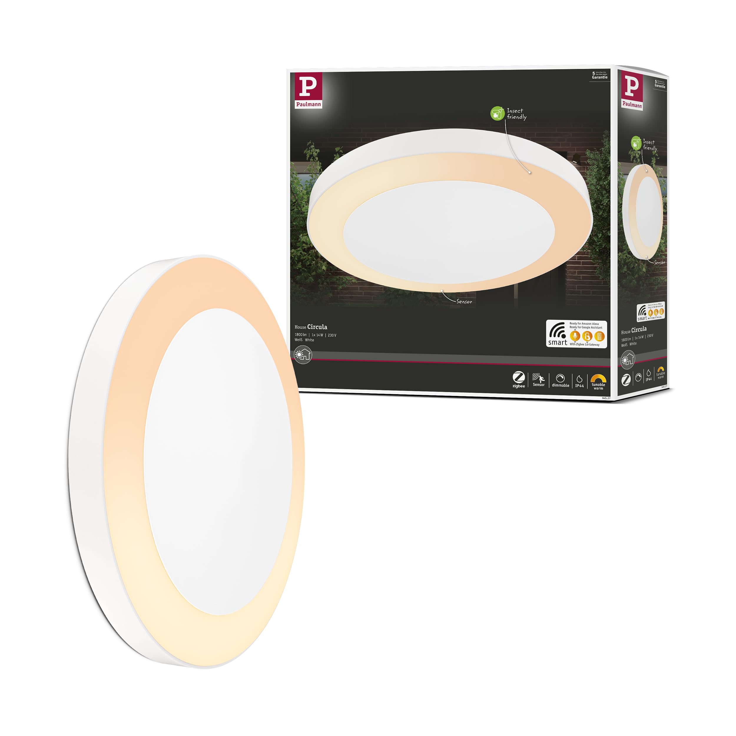 Paulmann 94527 LED outdoor luminaire Smart Home Zigbee ceiling luminaire Circula IP44 dusk/motion sensor Tunable Warm 14W outdoor 2200-3000K