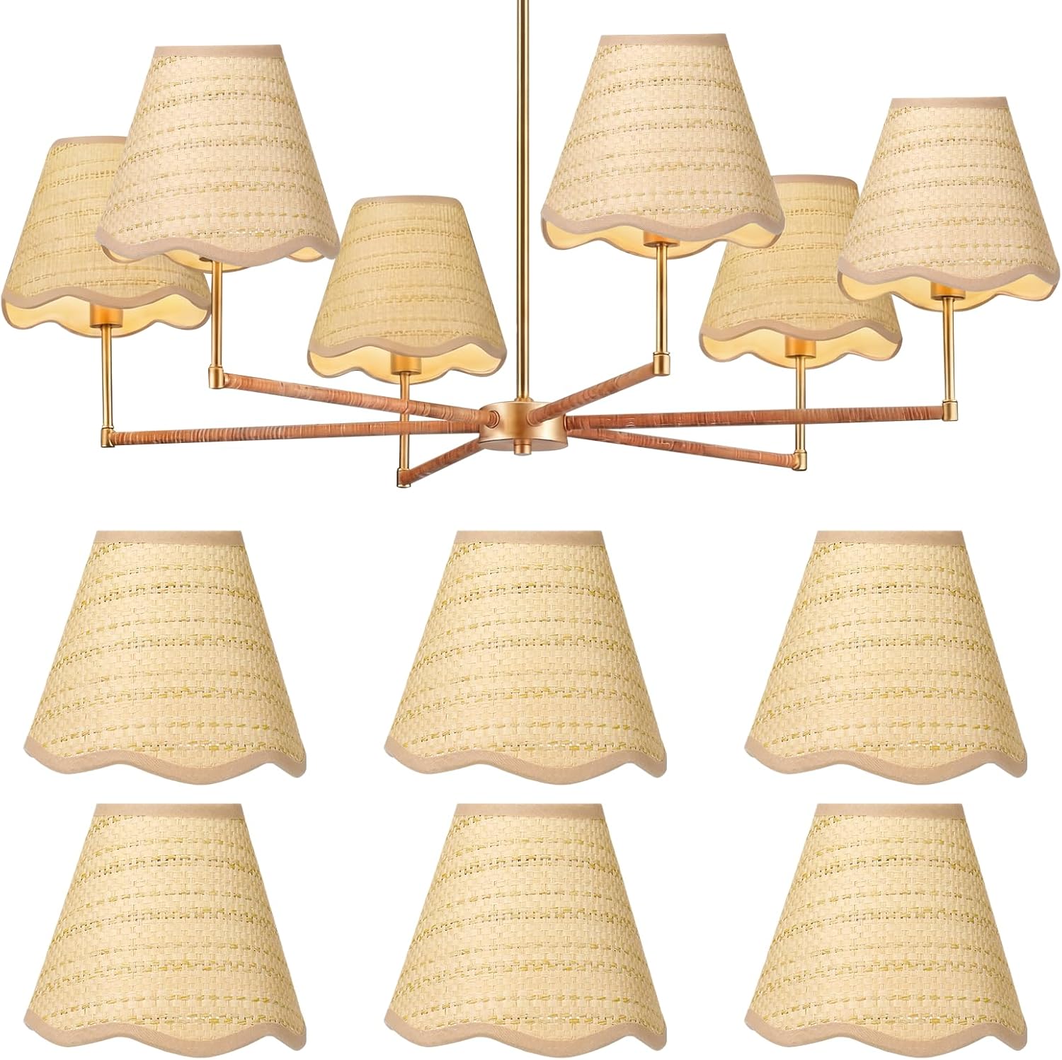 Tuanse 6 Pcs Boho Rattan Lamp Shade Scalloped Clip on Chandelier Shade 3" x 6" x 5" Rustic Barrel Lighting Cover for Kitchen Dining Living Room Table Wall Chandelier
