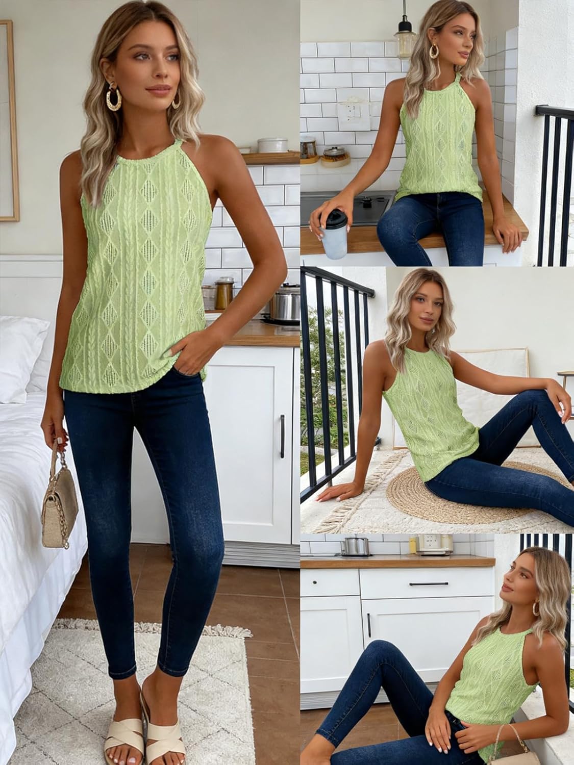 BLENCOT Casual Crochet Knit Tanks Tops for Women Sleeveless Eyelet Textured Solid Color Halter Neck T Shirts Top Blouse - Image 2