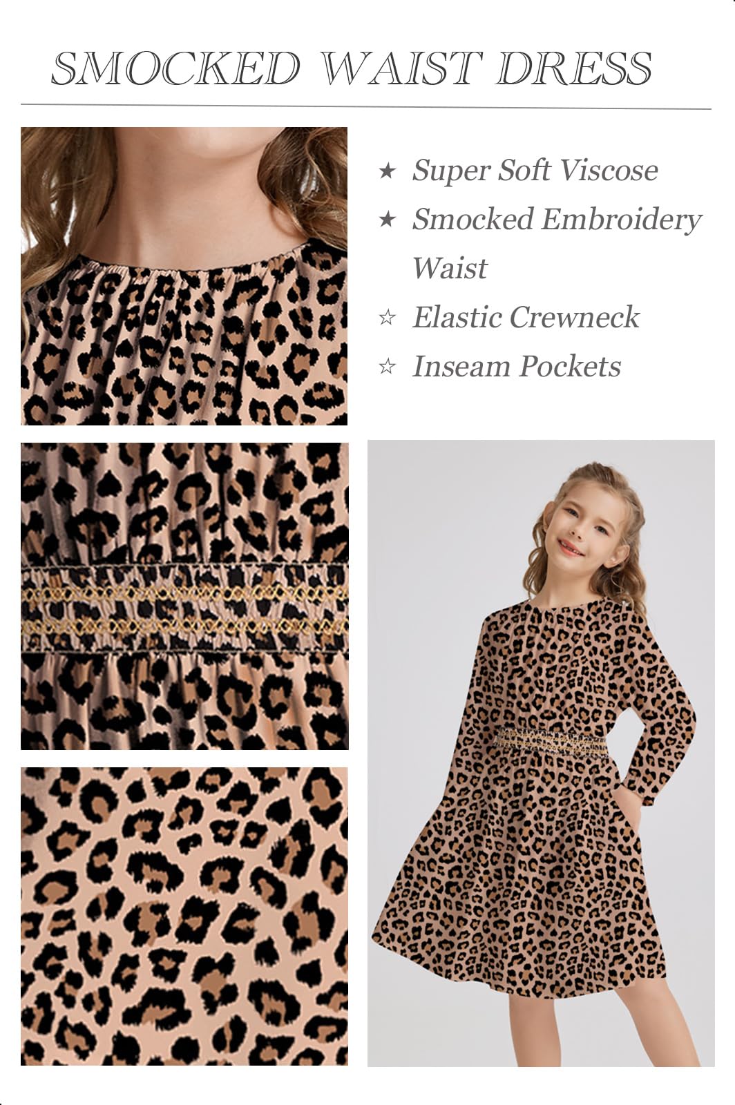Mädchenkleid mit Blumenmuster und gesmokter Taille, Kirche, Urlaub, Spielkleidung, weiches Midikleid mit Taschen